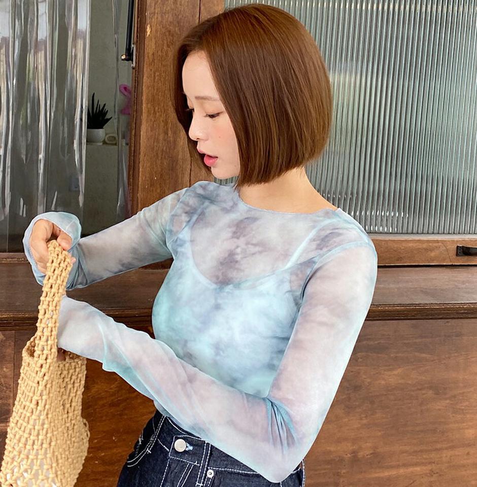 シアータイダイパターンTシャツ・全2色・t00795 レディース 【tops】韓国ファッション トップス Tシャツ 大人 長袖 ラウンドネック タイダイパターン シースルー シアー 透け感 シンプル フェミニン カジュアル y2k デイリー 夏 春 秋