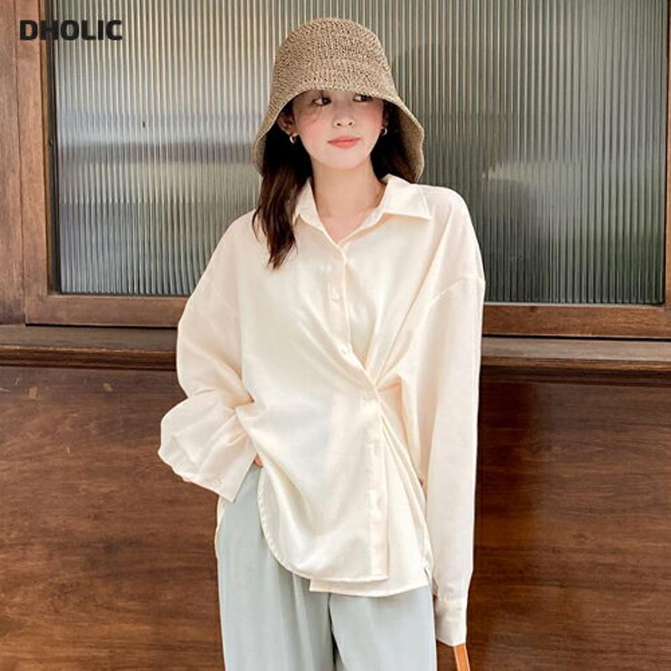 2WAYオーバーフィットシャツ・全7色・t00796 レディース 【bl】韓国ファッション トップス シャツ 長袖 カラーネック オーバーサイズ ルーズ ドロップショルダー 無地 ベーシック シンプル カジュアル フェミニン 体型カバー 春 秋