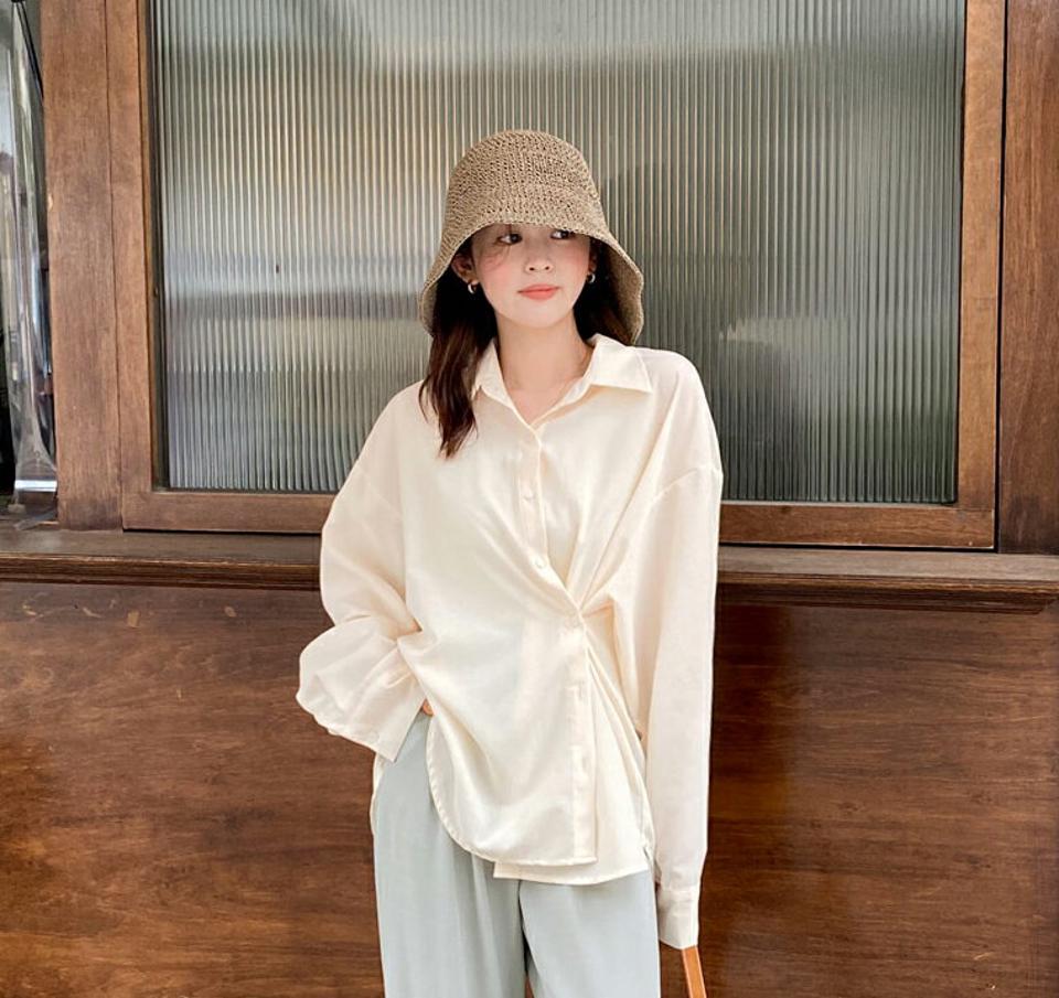 2WAYオーバーフィットシャツ・全7色・t00796 レディース 【bl】韓国ファッション トップス シャツ 長袖 カラーネック オーバーサイズ ルーズ ドロップショルダー 無地 ベーシック シンプル カジュアル フェミニン 体型カバー 春 秋