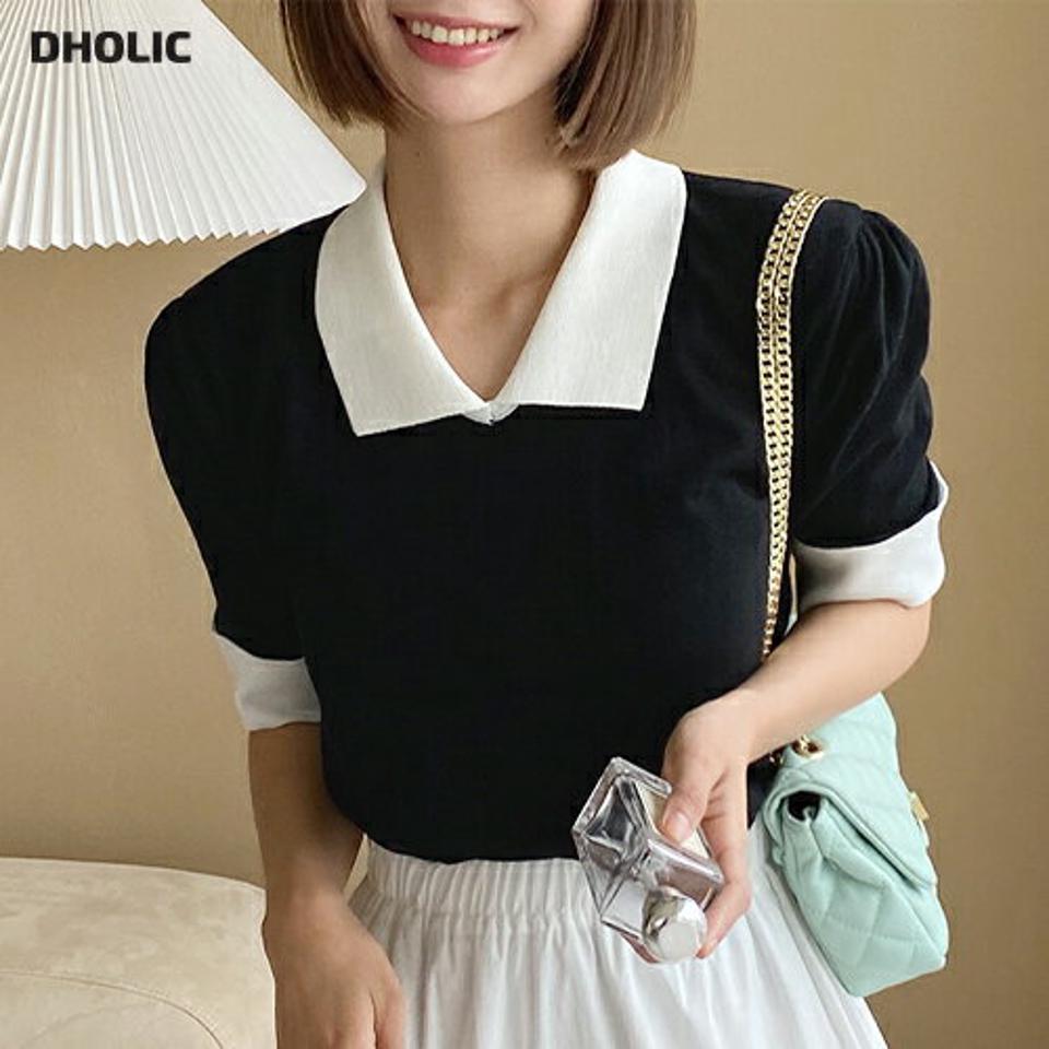 ≪人気商品再入荷≫配色カラー半袖ニット・全3色・b00797 レディース 【tops】韓国ファッション トップス ニット 大人 半袖 カラーネック 配色 ロールアップ ハーフパフスリーブ シンプル かわいい 可愛い フェミニン カジュアル ガーリー 夏 春 秋