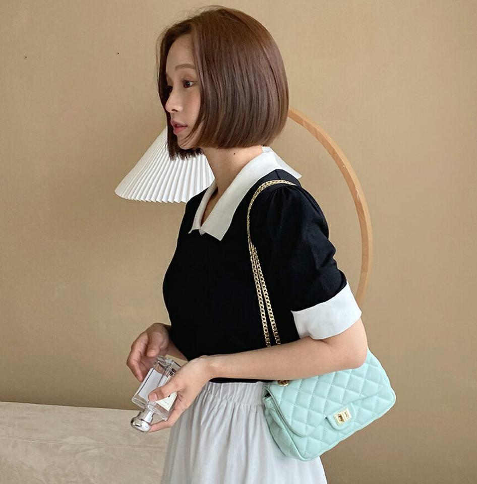 ≪人気商品再入荷≫配色カラー半袖ニット・全3色・b00797 レディース 【tops】韓国ファッション トップス ニット 大人 半袖 カラーネック 配色 ロールアップ ハーフパフスリーブ シンプル かわいい 可愛い フェミニン カジュアル ガーリー 夏 春 秋