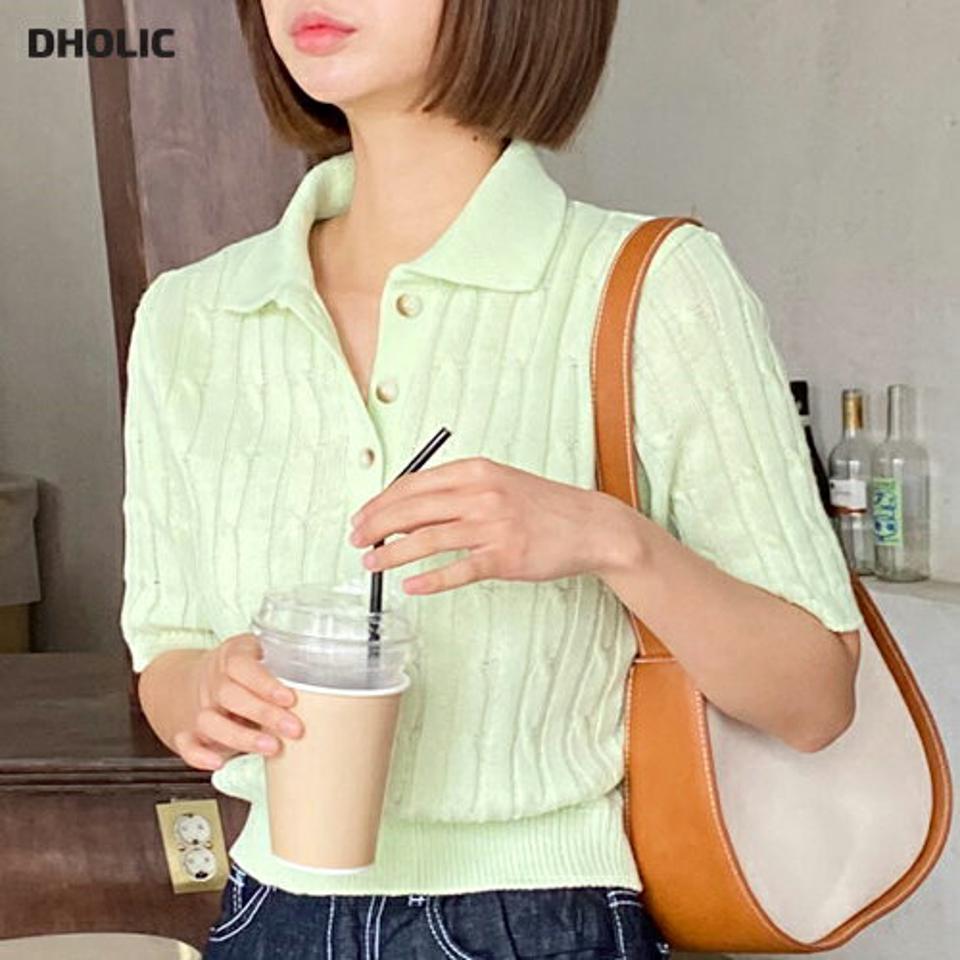 ケーブルポロカラー半袖ニット・全5色・t00798 レディース 【tops】韓国ファッション トップス ニット 大人 半袖 カラーネック ケーブル編み スリット ポロ クロップド丈 シンプル かわいい 可愛い フェミニン カジュアル 夏 春 秋