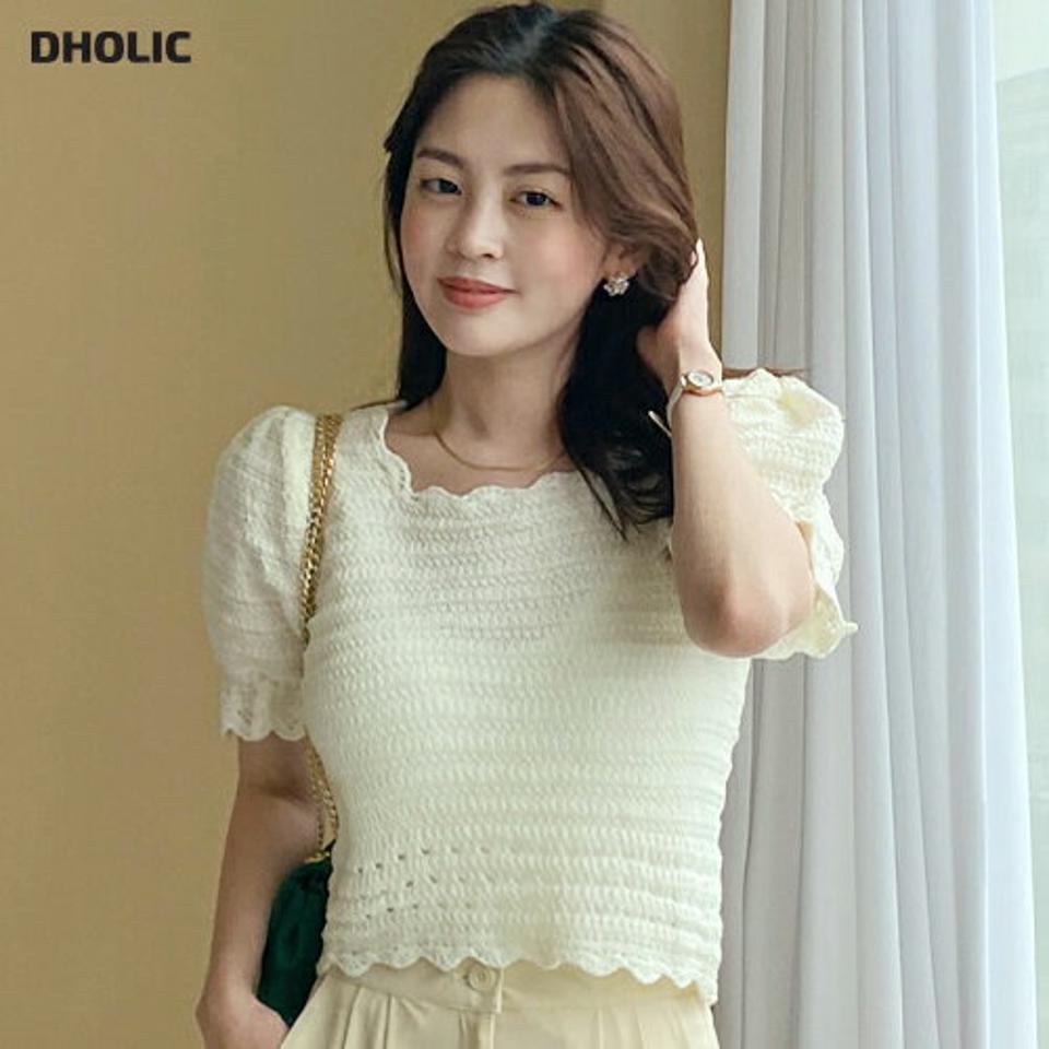 バックリボンスカラップパフニット・全4色・b00799 レディース 【tops】韓国ファッション トップス ニット 大人 半袖 スクエアネック リボン スカラップ パフスリーブ クロップド丈 シンプル かわいい 可愛い フェミニン カジュアル 夏 春 秋
