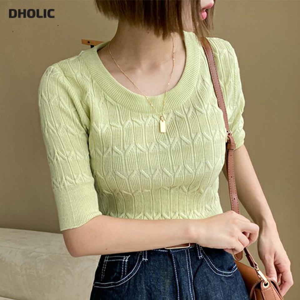 ラウンドネックジグザグリブニット・全4色・b00800 レディース 【tops】韓国ファッション サマーニット トップス ニット 大人 半袖 ラウンドネック ジグザグ クロップド丈 シンプル かわいい 可愛い 黄緑 フェミニン カジュアル 夏 春 秋