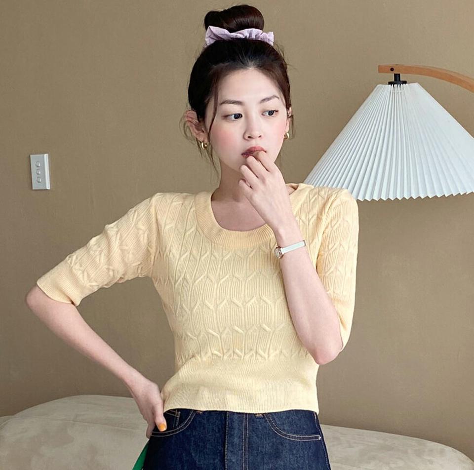 ラウンドネックジグザグリブニット・全4色・b00800 レディース 【tops】韓国ファッション サマーニット トップス ニット 大人 半袖 ラウンドネック ジグザグ クロップド丈 シンプル かわいい 可愛い 黄緑 フェミニン カジュアル 夏 春 秋