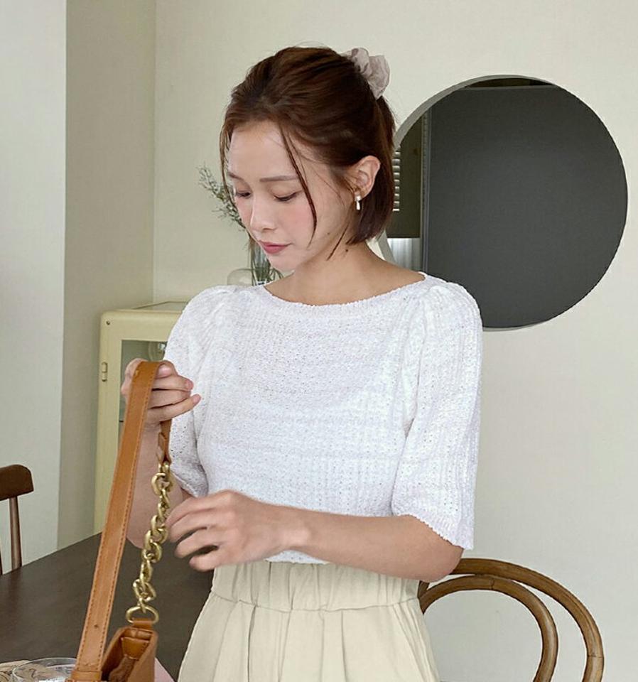 グリッターボートネックニット・全5色・t00808 レディース 【tops】韓国ファッション トップス ニット 大人 半袖 ボートネック グリッター クロップド丈 ハーフパフスリーブ ツイード調 シンプル かわいい 可愛い フェミニン カジュアル 夏 春 秋