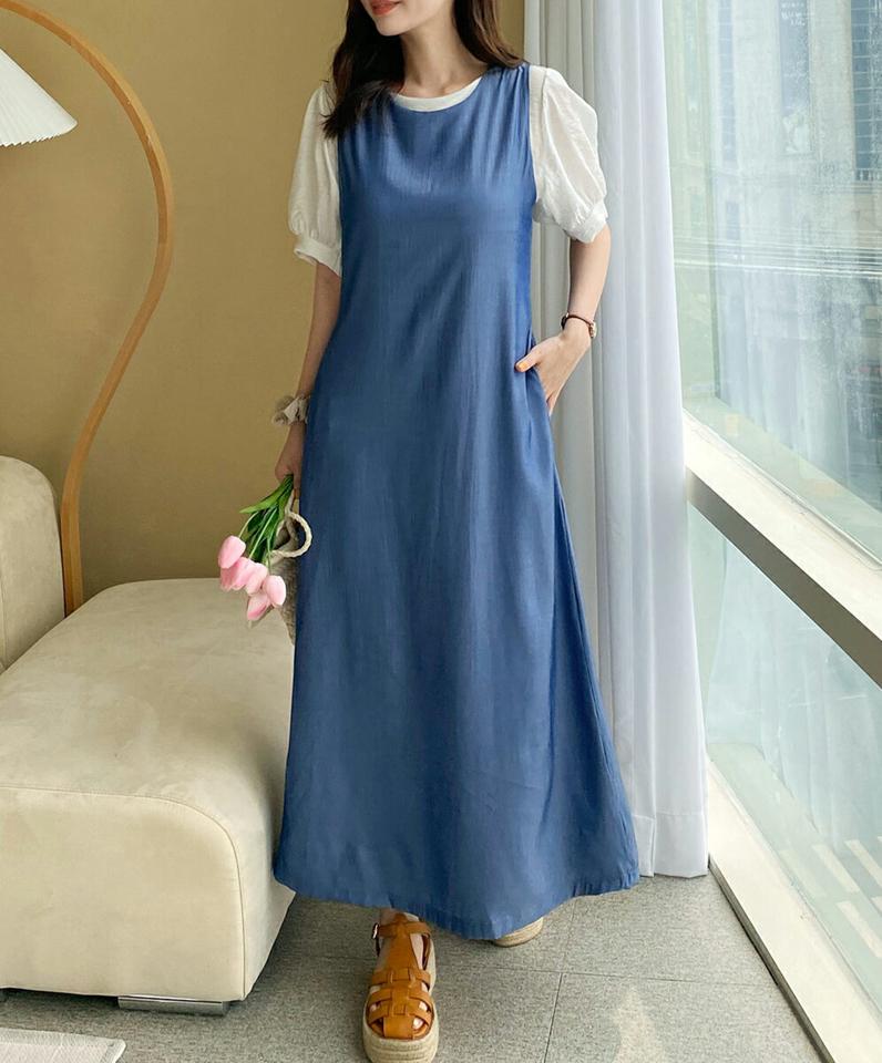 ノースリスリットワンピース・全3色・b00803 レディース 【ops】韓国ファッション ワンピース ロング ロングワンピース ノースリーブ ラウンドネック スリット ロング丈 無地 ベーシック シンプル フェミニン 夏 春 秋