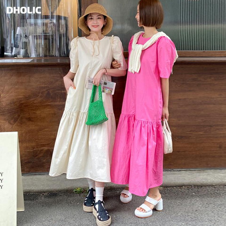 フリルフレアワンピース・全3色・b00809 レディース 【ops】韓国ファッション ワンピース ロング ロングワンピース 半袖 ラウンドネック フリル フレア ギャザー パフスリーブ Aライン ロング丈 シンプル フェミニン ピンク 体型カバー 夏 春 秋