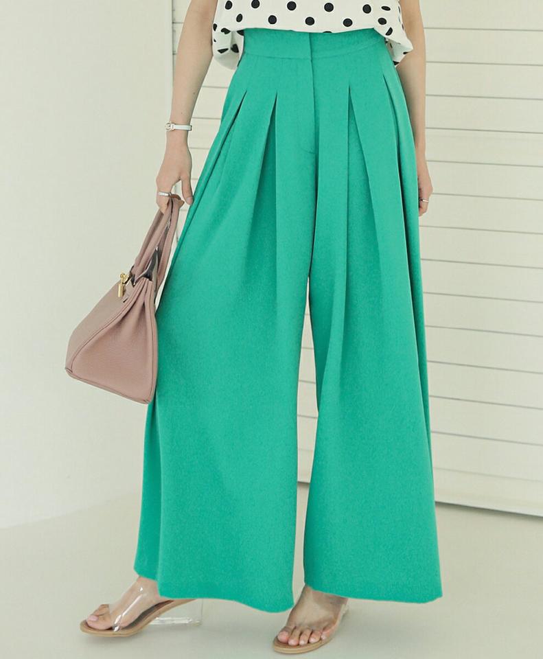 フレアタックスラックス・全3色・t00285 レディース 【pt】スラックス パンツ ロング丈 単色 無地 シンプル フレア ワイド タック カラーパンツ ゆったり 楽ちん 体型カバー 高級感 春 夏 カジュアル 大人 緑 韓国ファッション ハイホリHIHOLLI