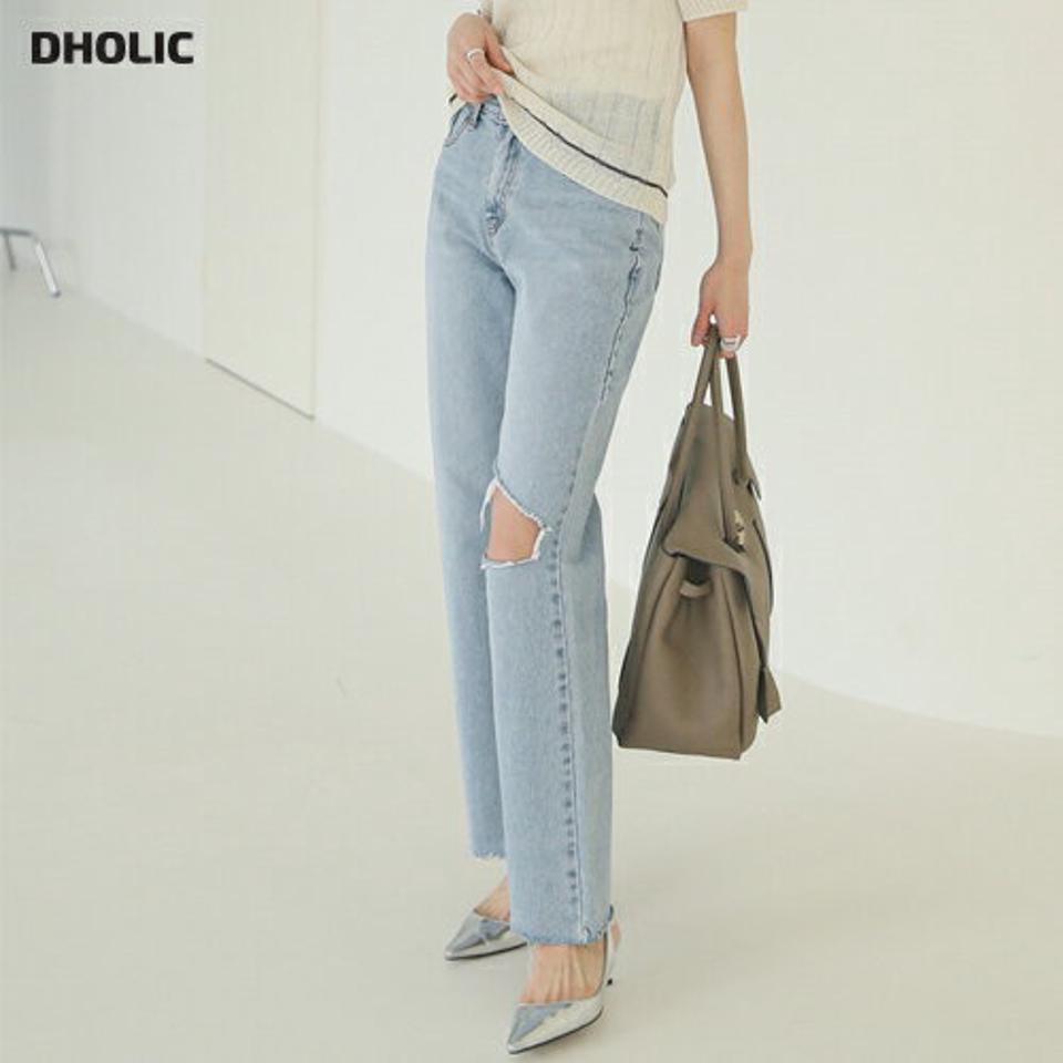 ダメージワイドデニムパンツ・全1色・t00294 レディース 【pt】パンツ ロング丈 デニム ワイド ダメージ 柄 カットアウト ハイウエスト 綿 コットン 春 夏 カジュアル ストレート ワイド 韓国ファッション ハイホリHIHOLLI