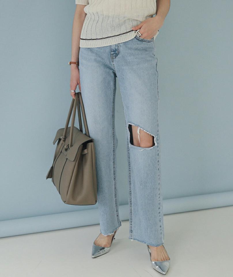 ダメージワイドデニムパンツ・全1色・t00294 レディース 【pt】パンツ ロング丈 デニム ワイド ダメージ 柄 カットアウト ハイウエスト 綿 コットン 春 夏 カジュアル ストレート ワイド 韓国ファッション ハイホリHIHOLLI