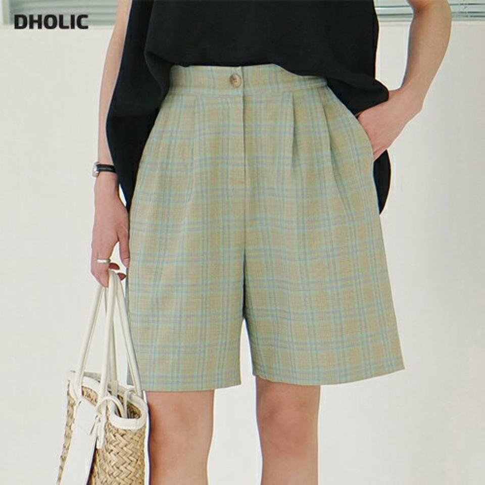 チェックハーフパンツ・全2色・t00296 レディース 【pt】パンツ ショート丈 ハーフ丈 柄 模様 チェック ワイド タック ハイウエスト 楽ちん ラフ 春 夏 カジュアル ビンテージ風 イエローグリーン オレンジ 韓国ファッション ハイホリHIHOLLI