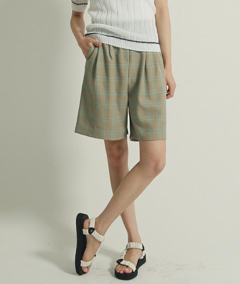 チェックハーフパンツ・全2色・t00296 レディース 【pt】パンツ ショート丈 ハーフ丈 柄 模様 チェック ワイド タック ハイウエスト 楽ちん ラフ 春 夏 カジュアル ビンテージ風 イエローグリーン オレンジ 韓国ファッション ハイホリHIHOLLI