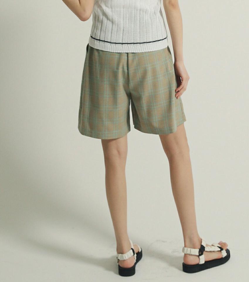 チェックハーフパンツ・全2色・t00296 レディース 【pt】パンツ ショート丈 ハーフ丈 柄 模様 チェック ワイド タック ハイウエスト 楽ちん ラフ 春 夏 カジュアル ビンテージ風 イエローグリーン オレンジ 韓国ファッション ハイホリHIHOLLI