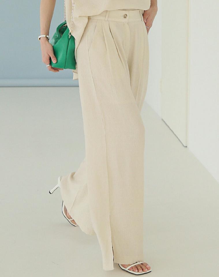 リンクルスリットタックスラックス・全2色・b00297 レディース 【pt】スラックス パンツ ロング丈 単色 無地 シンプル ベーシック 揺れ感 スリット リンクル 春 夏 楽ちん ラフ ゆったり 体型カバー カジュアル 韓国ファッション ハイホリHIHOLLI