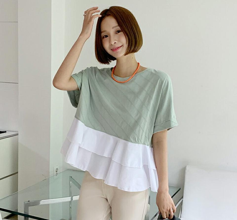 【新作10%OFF】ティアードへムダイアゴナルパターンTシャツ・全3色・e67039 レディース 【bl】トップス Tシャツ 半袖 柄 フリル ラッフル ティアード 体型カバー カジュアル かわいい 大人 異素材 春 夏 韓国ファッション セール