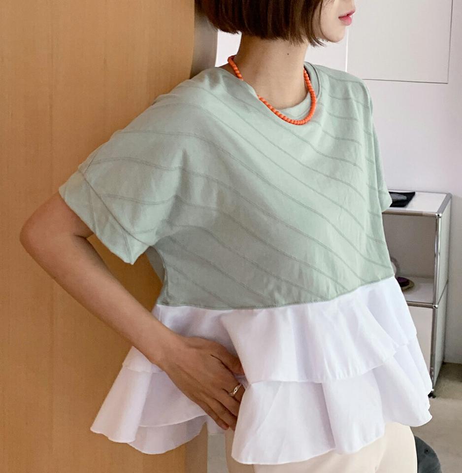 【新作10%OFF】ティアードへムダイアゴナルパターンTシャツ・全3色・e67039 レディース 【bl】トップス Tシャツ 半袖 柄 フリル ラッフル ティアード 体型カバー カジュアル かわいい 大人 異素材 春 夏 韓国ファッション セール