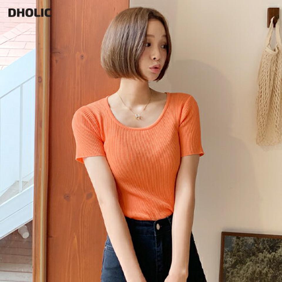 【10%OFF】リブUネック半袖ニット・全10色・b67040 レディース 【tops】トップス ニット 半袖 リブニット Uネック 単色 無地 シンプル ベーシック カジュアル ラフ デコルテ 鎖骨 春 夏 サマーニット 韓国ファッション セール SALE