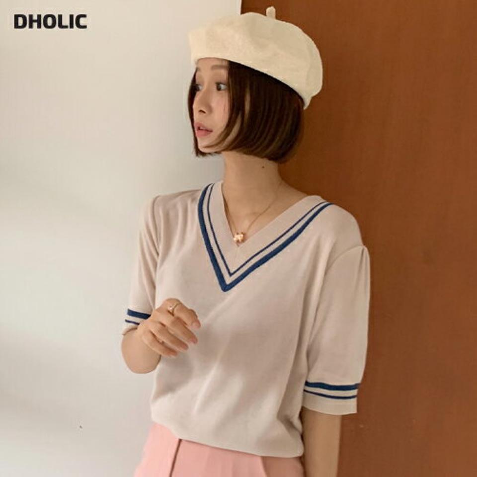 Vネック配色パフニット・全3色・b67044 レディース 【tops】トップス ニット 半袖 ハーフスリーブ 配色 ライン Vネック シンプル パフ袖 パフスリーブ カジュアル ラフ 春 夏 韓国ファッション