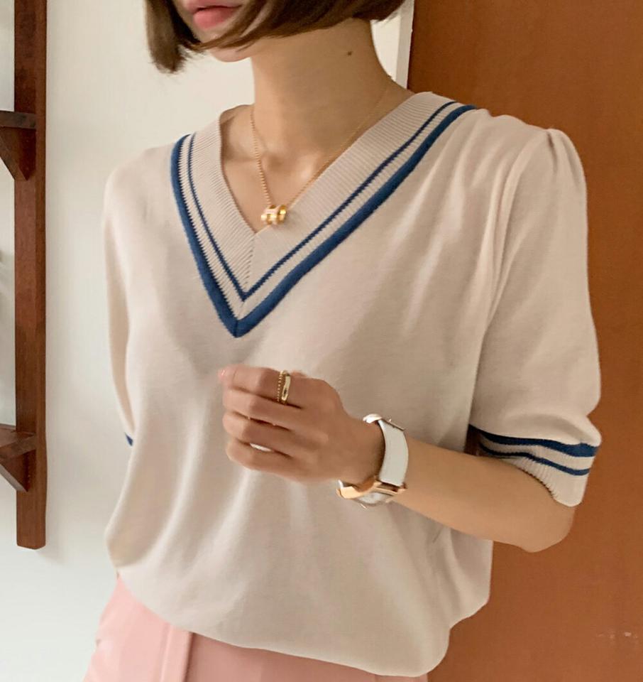 Vネック配色パフニット・全3色・b67044 レディース 【tops】トップス ニット 半袖 ハーフスリーブ 配色 ライン Vネック シンプル パフ袖 パフスリーブ カジュアル ラフ 春 夏 韓国ファッション