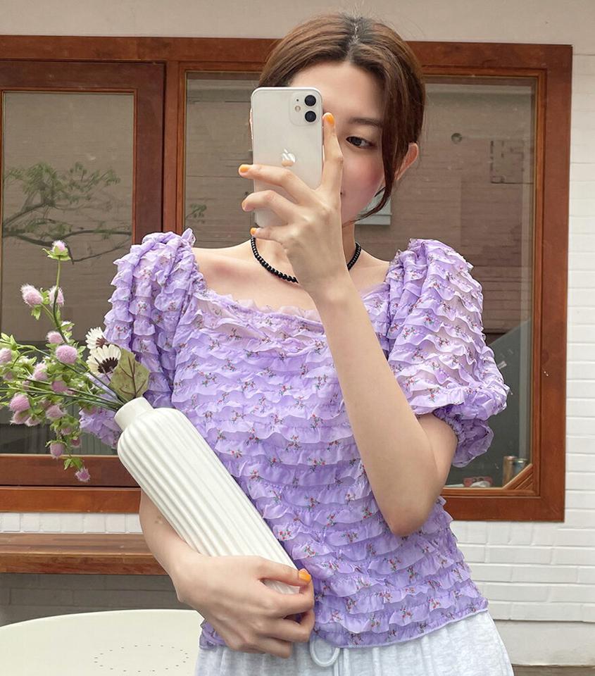 2WAYフローラルフリルブラウス・全3色・t67049 レディース 【bl】トップス ブラウス 半袖 ハーフスリーブ フリル 花 オフショルダー 肩出し きれいめ ゴム フリル かわいい クロップド丈 デコルテ スクエアネック 二の腕カバー 春 夏 韓国ファッション