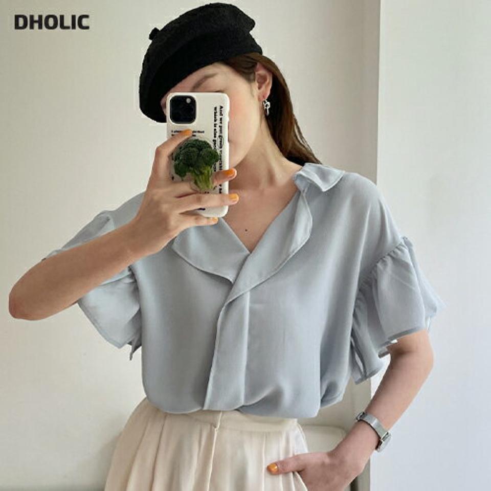 Vネックフリルブラウス・全3色・b67052 レディース 【bl】トップス ブラウス 半袖 フリル 襟コン 単色 無地 シンプル 大人 きれいめ かわいい 可愛い オフィスカジュアル Vネック 春 夏 韓国ファッション