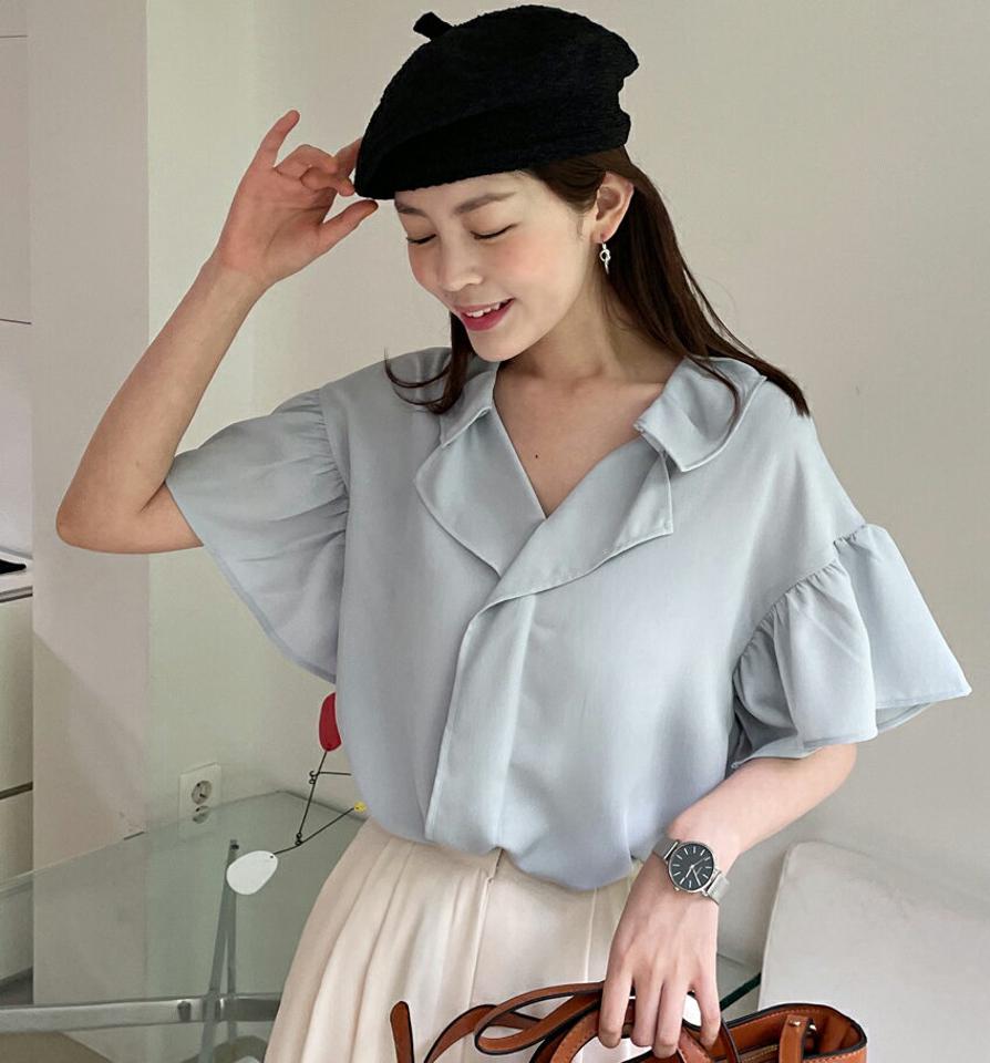 Vネックフリルブラウス・全3色・b67052 レディース 【bl】トップス ブラウス 半袖 フリル 襟コン 単色 無地 シンプル 大人 きれいめ かわいい 可愛い オフィスカジュアル Vネック 春 夏 韓国ファッション