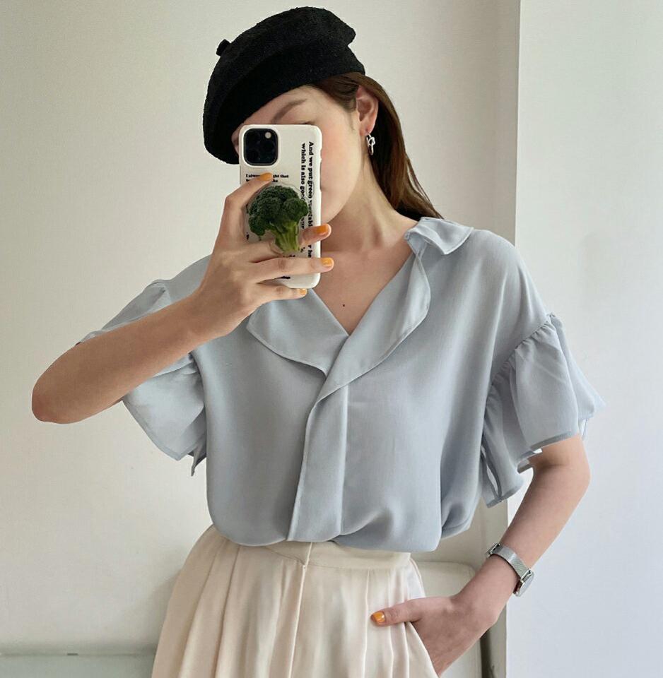 Vネックフリルブラウス・全3色・b67052 レディース 【bl】トップス ブラウス 半袖 フリル 襟コン 単色 無地 シンプル 大人 きれいめ かわいい 可愛い オフィスカジュアル Vネック 春 夏 韓国ファッション