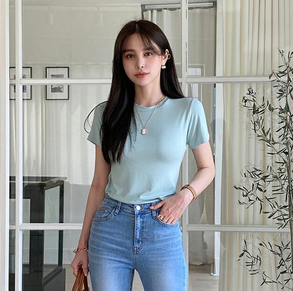 ショートスリーブTシャツ・全7色・b00511 レディース 【tops】トップス 半袖 Tシャツ 単色 無地 シンプル ベーシック パステル カラバリ カラーアイテム 春 夏 大人っぽ きれいめ 楽ちん カジュアル 水色 韓国ファッション ハイホリHIHOLLI