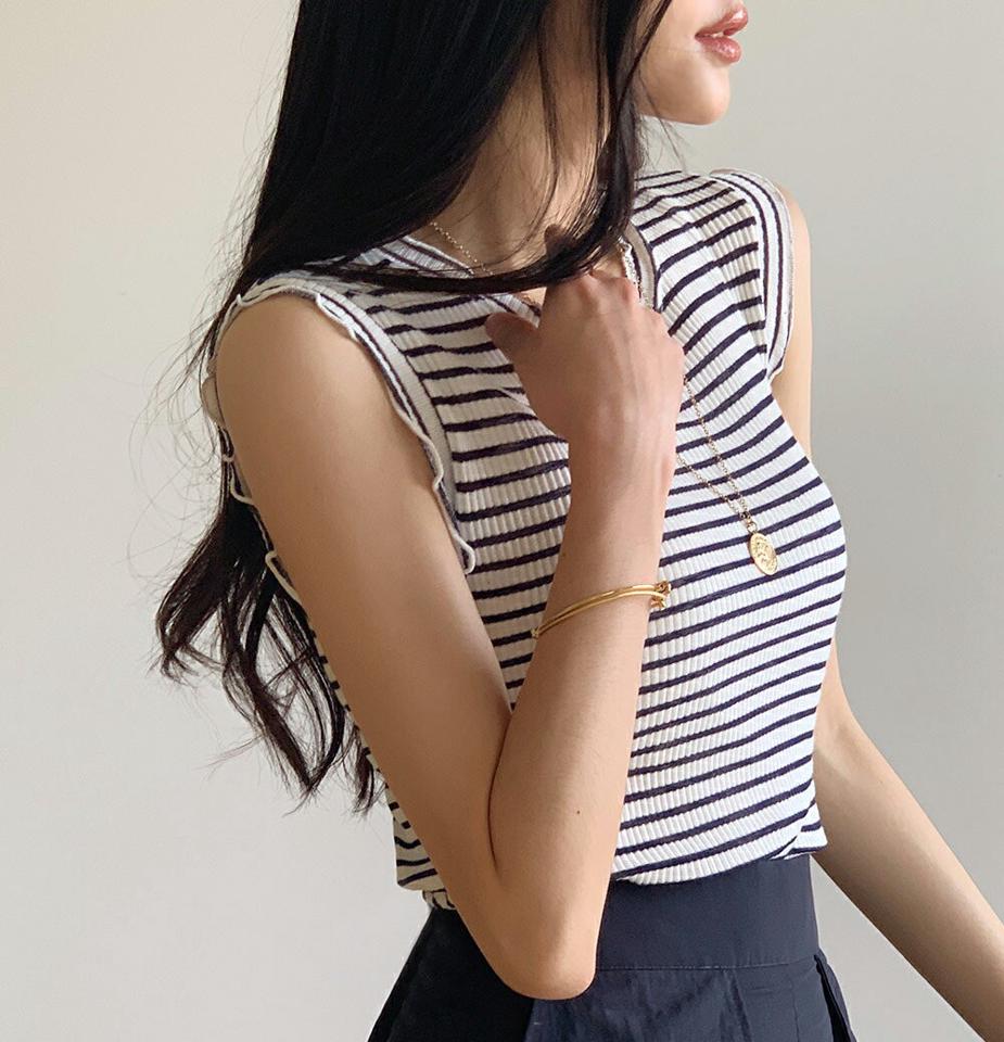 2TYPEノースリーブ・全4色・t72235 レディース 【tops】トップス ノースリーブ スリーブレス 柄 模様 ボーダー 無地 単色 シンプル リブ タイト 春 夏 爽やか フェミニン カジュアル かわいい 可愛い 韓国ファッション ハイホリHIHOLLI