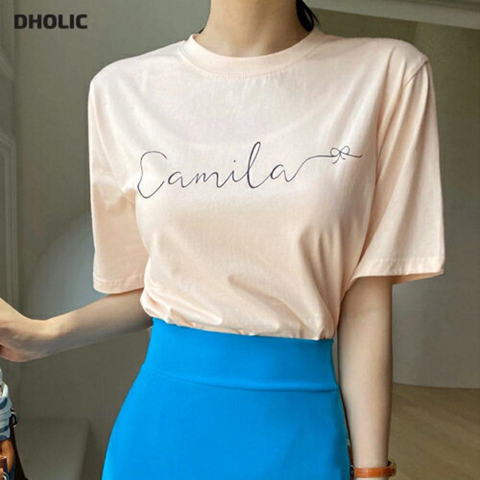 リボンレタリング半袖Tシャツ・全4色・t72236 レディース 【tops】トップス Tシャツ 半袖 レタリング ロゴ ロゴT パステル ラフ ゆったり 楽ちん ラウンドネック 筆記体 コットン 綿 春 夏 カジュアル ガーリー 韓国ファッション ハイホリHIHOLLI