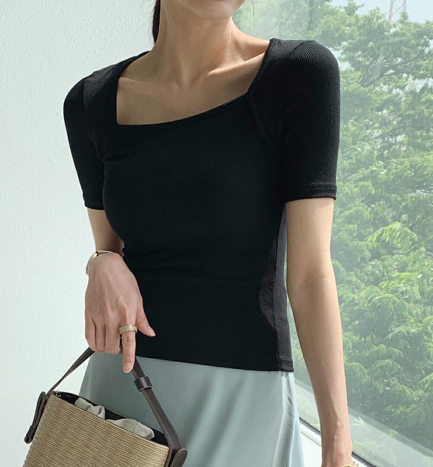【10%OFF】リブスクエアスリムTシャツ・全4色・t72237 レディース 【tops】トップス Tシャツ 半袖 単色 無地 シンプル ベーシック スリム 細身 スクエアネック 鎖骨 デコルテ リブ 春 夏 大人っぽ カジュアル y2k 韓国ファッション ハイホリHIHOLLI 半Tセール