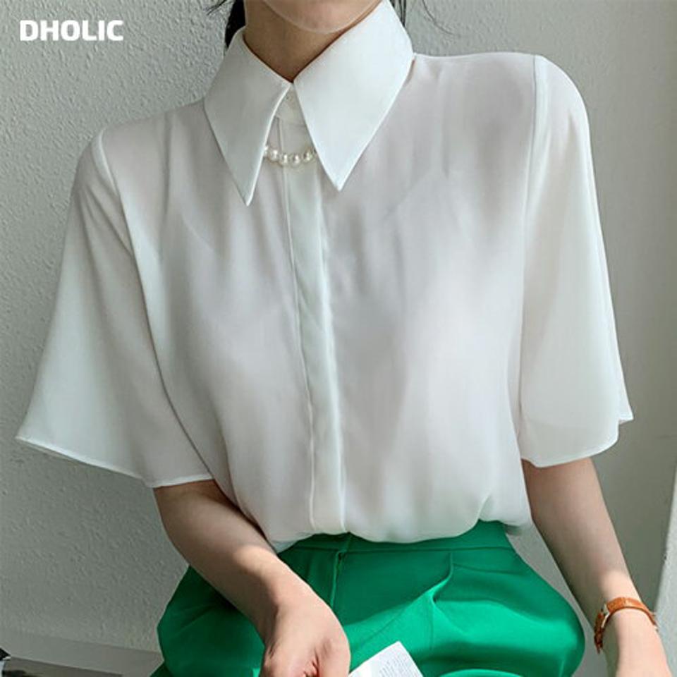 【10%OFF】フェイクパールストラップ付シフォンブラウス・全2色・t72274 レディース 【bl】ブラウス トップス 半袖 襟 襟コン 単色 無地 フェイクパール ストラップ付 春 夏 きれいめ 上品 オフィスカジュアル 二の腕カバー 韓国ファッション ハイホリHIHOLLI セール SALE