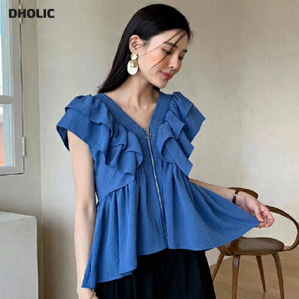 【10%OFF】フリルジップアップブラウス・全2色・b72275 レディース 【bl】ブラウス トップス ジップ フリル 半袖 ユニーク Vネック 春 夏 青 カジュアル フェミニン ガーリー カラーアイテム 二の腕カバー お腹カバー 韓国ファッション ハイホリHIHOLLI【HS】セール