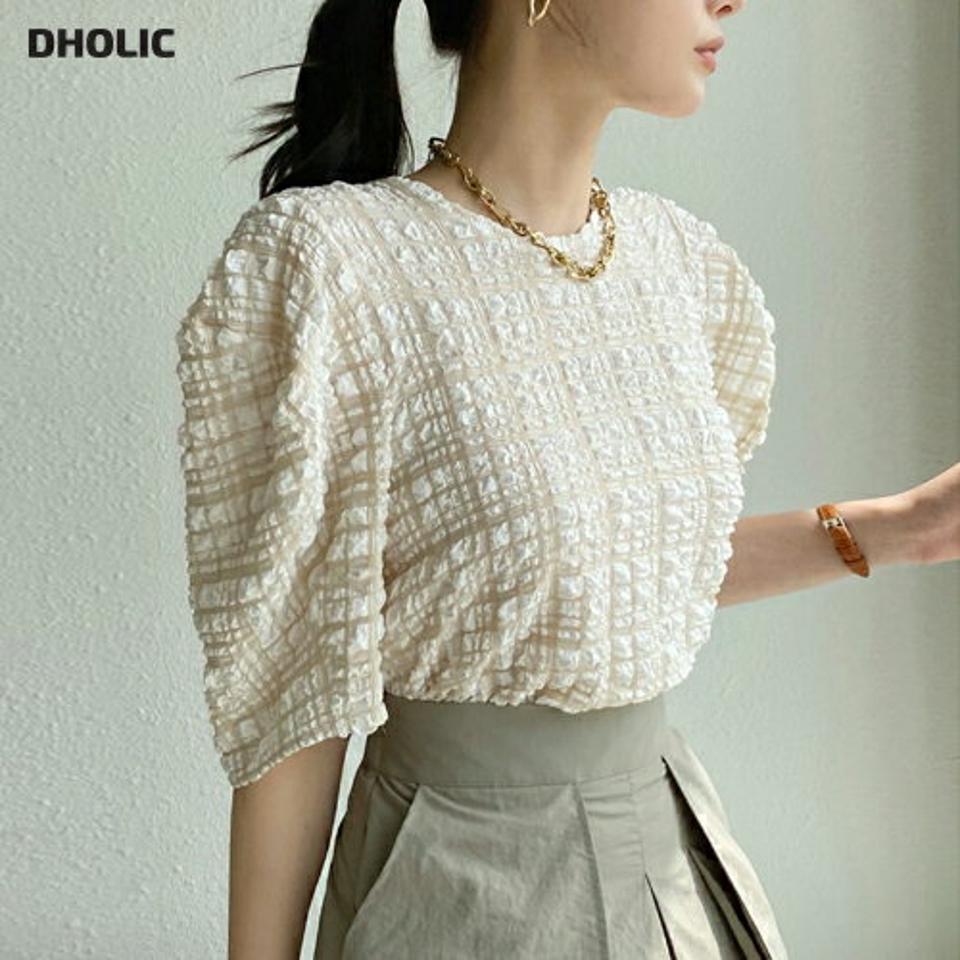 チェックエンボスブラウス・全4色・b72257 レディース 【bl】ブラウス トップス 半袖 柄 模様 パステル チェック エンボス ユニーク 体型カバー パフスリーブ パフ袖 春 夏 カジュアル フェミニン 韓国ファッション ハイホリHIHOLLI