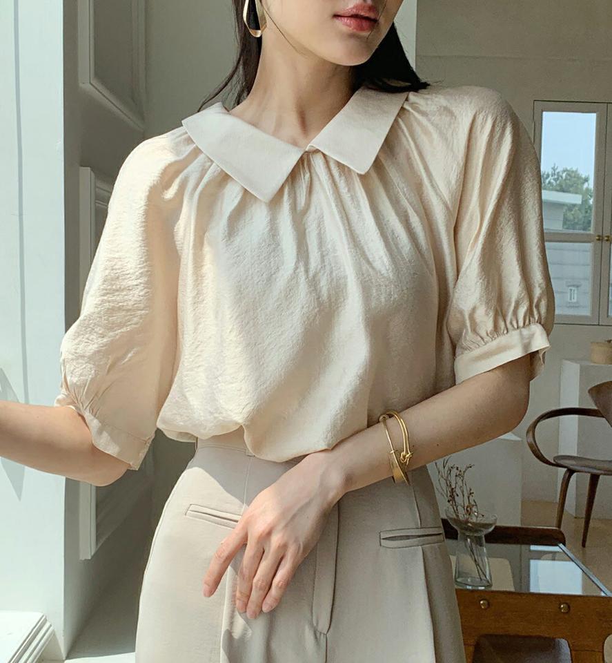 テンセル混カラーネックブラウス・全3色・b72258 レディース 【bl】ブラウス トップス 半袖 襟コン 襟 単色 無地 シンプル テンセル混 ギャザー パステル クロップド丈 パフ 春 夏 ナチュラル ラブリー フェミニン 韓国ファッション ハイホリHIHOLLI