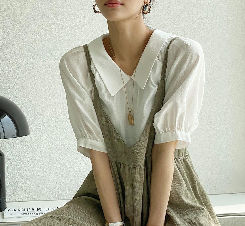 テンセル混カラーネックブラウス・全3色・b72258 レディース 【bl】ブラウス トップス 半袖 襟コン 襟 単色 無地 シンプル テンセル混 ギャザー パステル クロップド丈 パフ 春 夏 ナチュラル ラブリー フェミニン 韓国ファッション ハイホリHIHOLLI