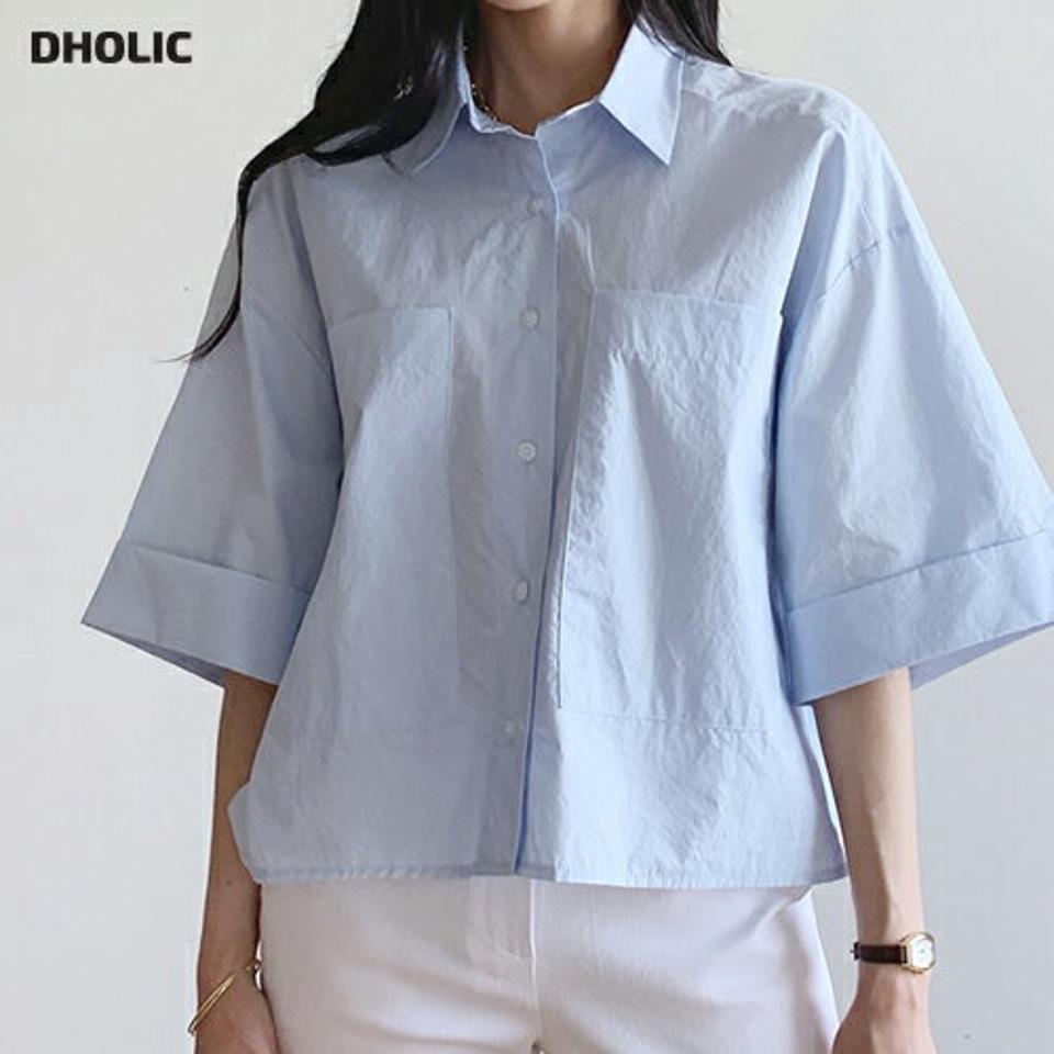 ビッグポケットシャツ・全3色・t72243 レディース 【bl】シャツ トップス ボタン 単色 無地 シンプル ベーシック 七分丈 7分丈 7分袖 七分袖 襟 体型カバー ゆったり オーバー パステル 春 夏 カジュアル 二の腕カバー 大人っぽ 韓国ファッション ハイホリHIHOLLI