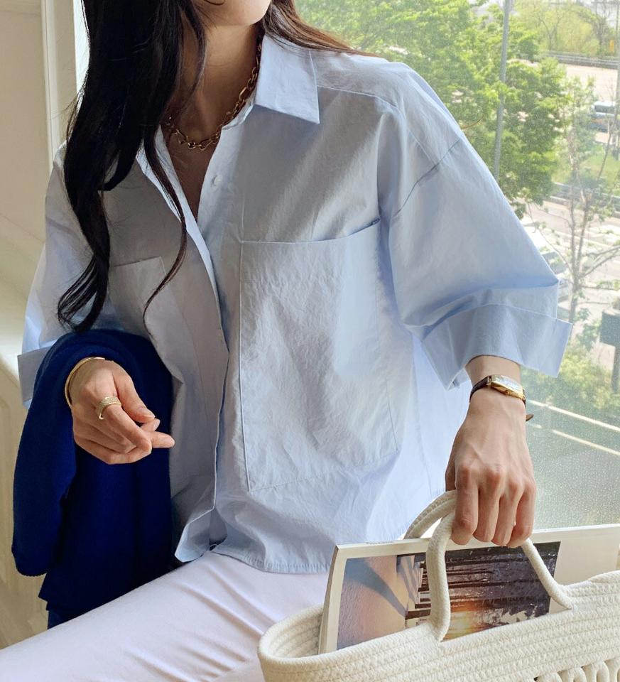 ビッグポケットシャツ・全3色・t72243 レディース 【bl】シャツ トップス ボタン 単色 無地 シンプル ベーシック 七分丈 7分丈 7分袖 七分袖 襟 体型カバー ゆったり オーバー パステル 春 夏 カジュアル 二の腕カバー 大人っぽ 韓国ファッション ハイホリHIHOLLI