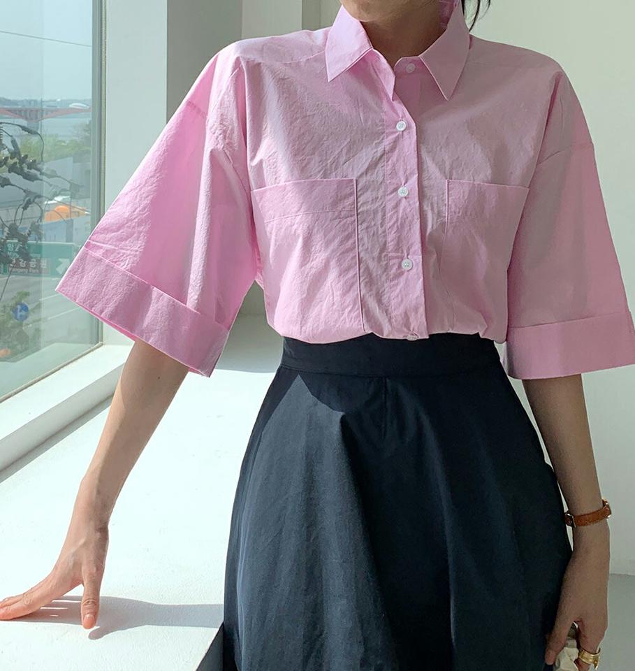 ビッグポケットシャツ・全3色・t72243 レディース 【bl】シャツ トップス ボタン 単色 無地 シンプル ベーシック 七分丈 7分丈 7分袖 七分袖 襟 体型カバー ゆったり オーバー パステル 春 夏 カジュアル 二の腕カバー 大人っぽ 韓国ファッション ハイホリHIHOLLI
