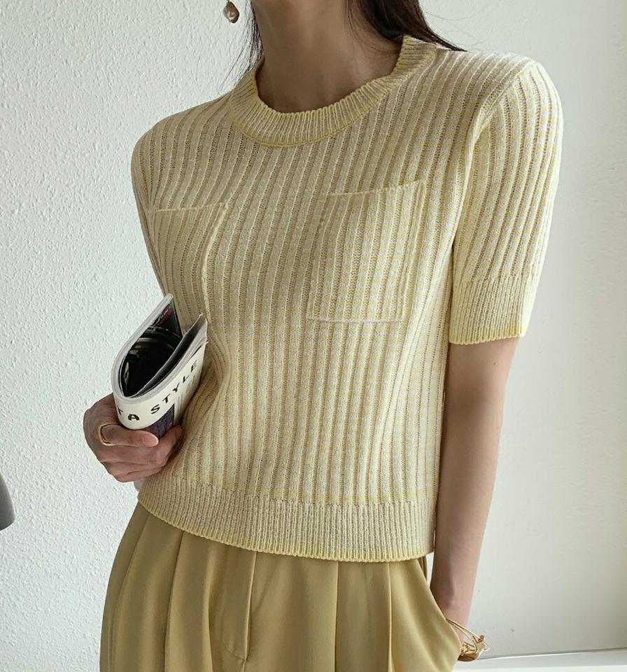 カラーミックスポケットリブニット・全3色・t72277 レディース 【tops】トップス ニット 半袖 配色 柄 模様 ライン リブ チェック クロップド丈 春 夏 カジュアル フェミニン 上品 かわいい 可愛い 韓国ファッション ハイホリHIHOLLI