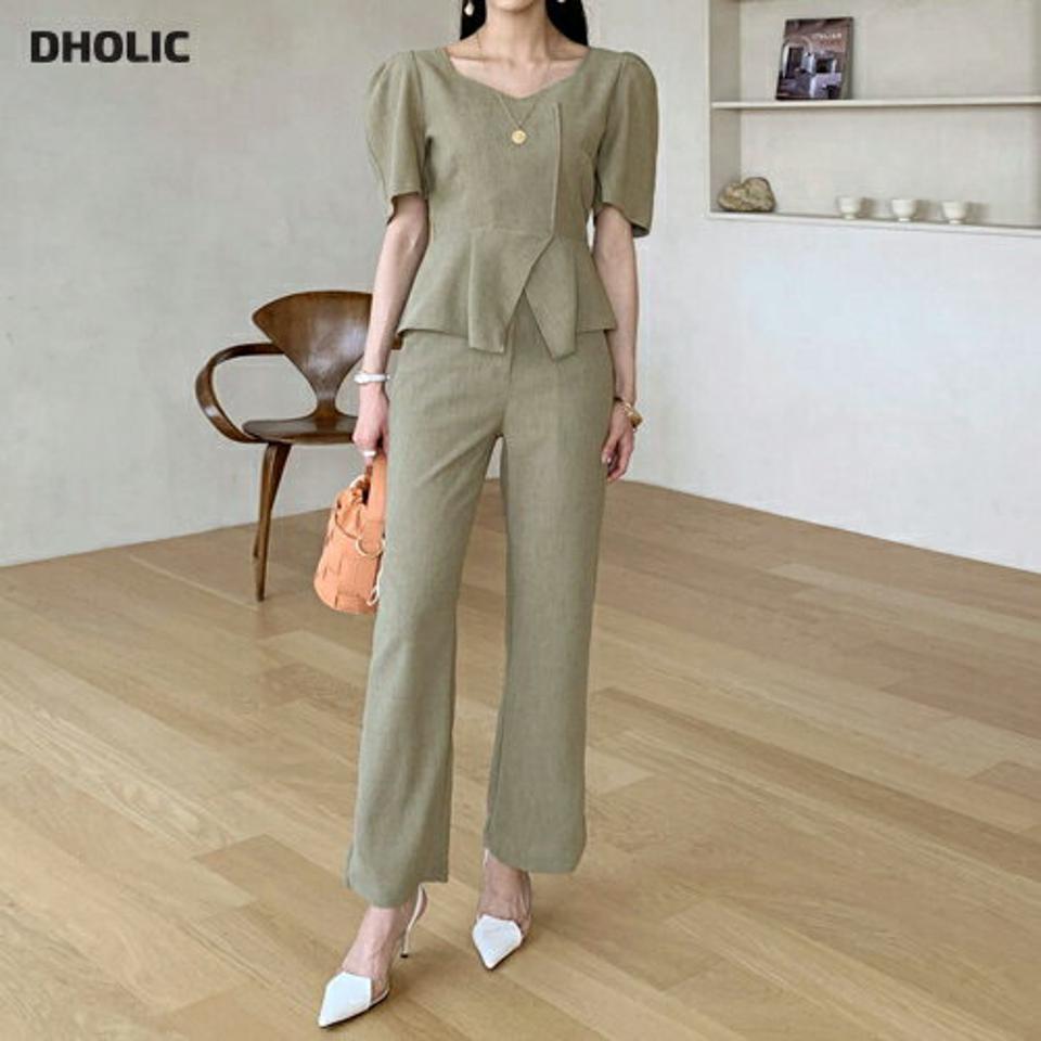 スリットパフブラウス&フレアスラックスSET・全3色・t72282 レディース 【pt】セット セットアップ setup ブラウス 半袖 単色 シンプル パンツ スラックス ロング丈 カラーパンツ 春 夏 お腹カバー フェミニン 韓国ファッション ハイホリHIHOLLI