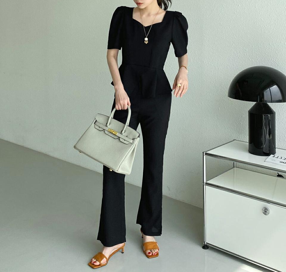 スリットパフブラウス&フレアスラックスSET・全3色・t72282 レディース 【pt】セット セットアップ setup ブラウス 半袖 単色 シンプル パンツ スラックス ロング丈 カラーパンツ 春 夏 お腹カバー フェミニン 韓国ファッション ハイホリHIHOLLI