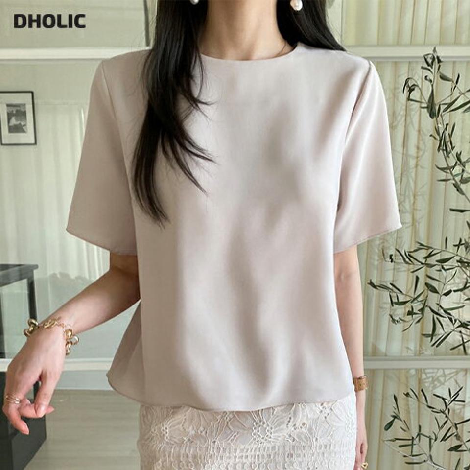 ラウンドネックブラウス・全3色・b00525 レディース 【bl】ブラウス トップス 半袖 単色 無地 シンプル ベーシック パステル オフィスカジュアル 春 夏 きれいめ 大人っぽ フェミニン 上品 韓国ファッション ハイホリHIHOLLI