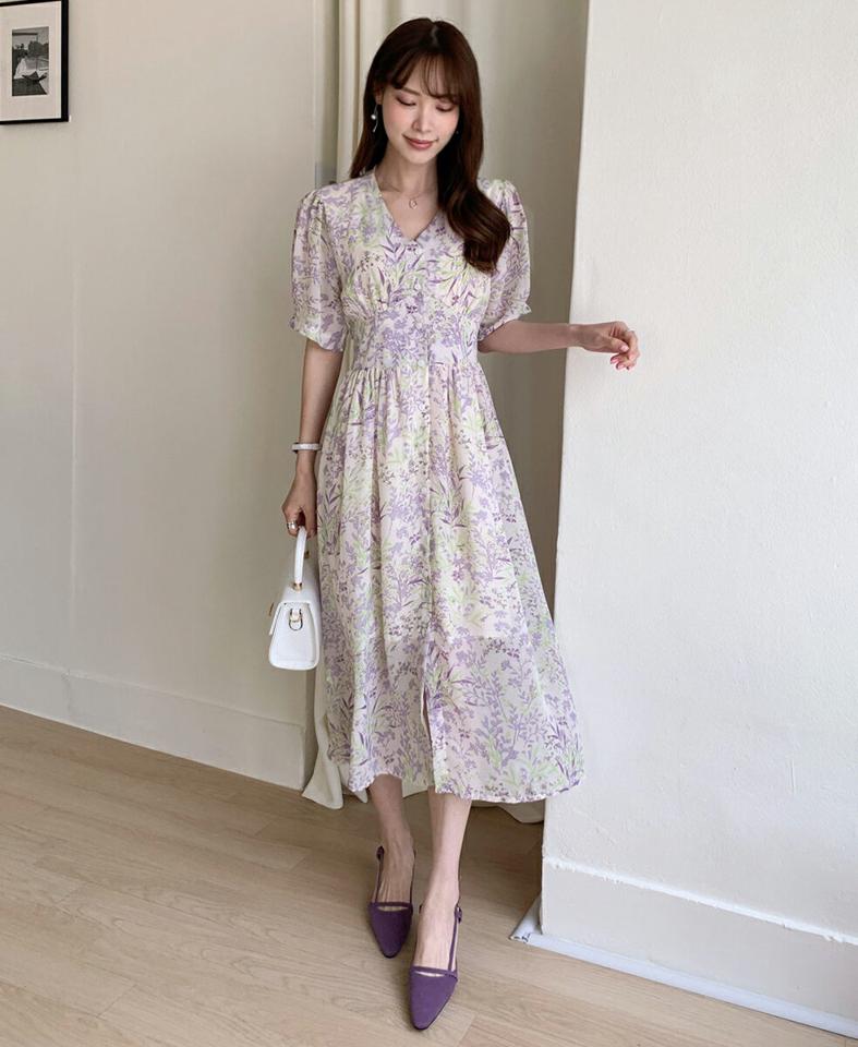 【10%OFF】フローラルパターンボタンワンピース・全2色・b00527 レディース 【ops】ワンピース 半袖 ロング丈 柄 模様 花柄 フローラル ウエストマーク パステル Vネック 春 夏 フェミニン ガーリー 二の腕カバー 体型カバー 韓国ファッション ハイホリHIHOLLI opsセール