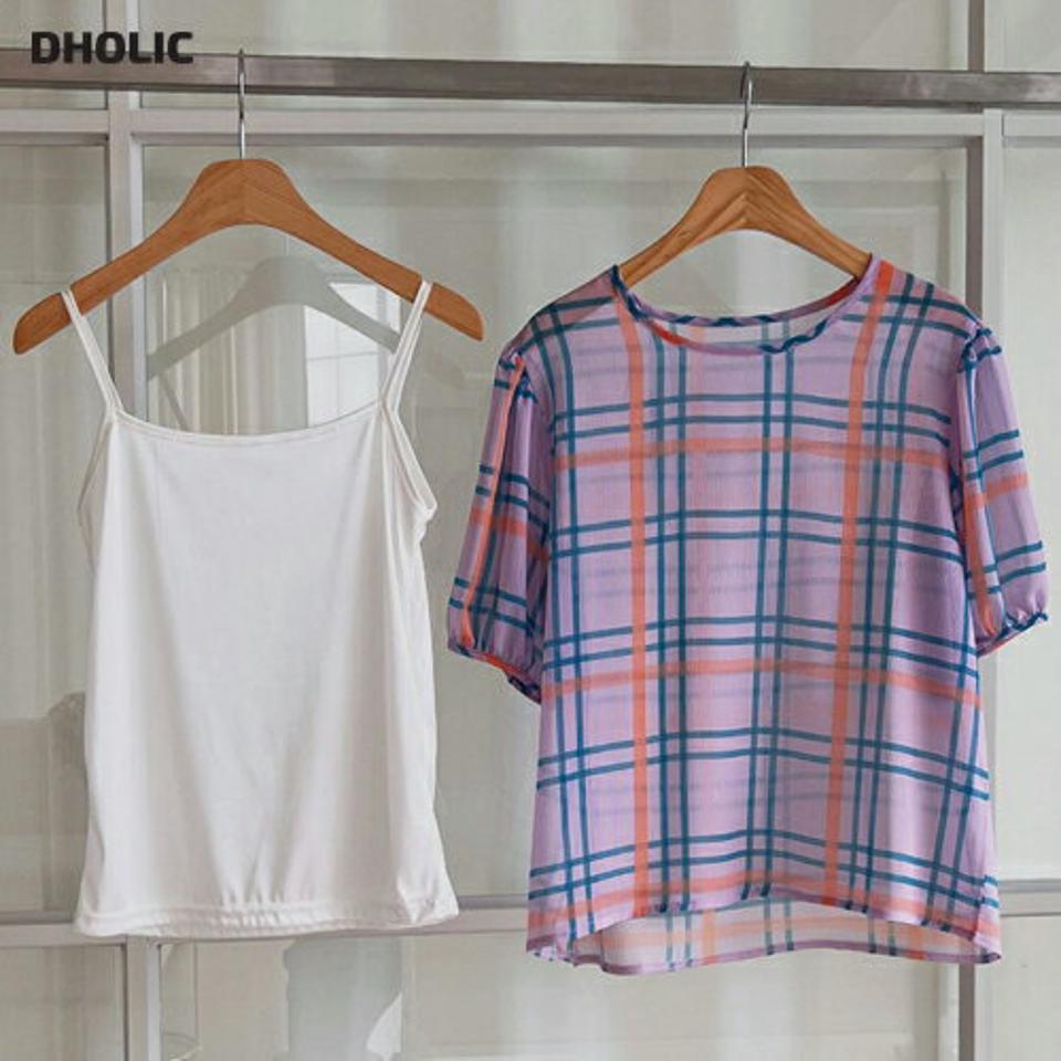 キャミ付シアー チェックブラウス・全2色・e00520 レディース 【bl】ブラウス トップス 半袖 セット キャミソール インナー シアー 透け感 チェック 柄 模様 パフ 春 夏 フェミニン カジュアル ガーリー 紫 韓国ファッション HIHOLLI