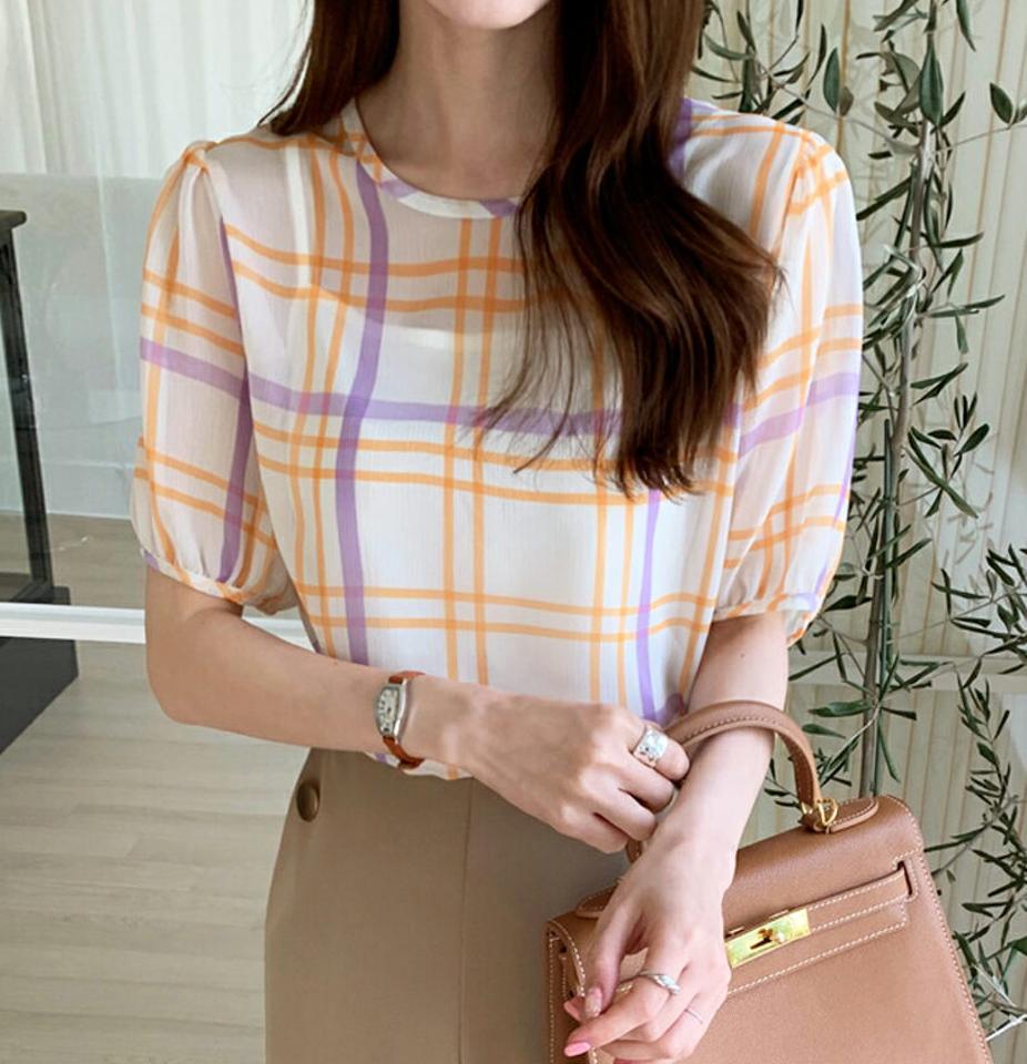 キャミ付シアー チェックブラウス・全2色・e00520 レディース 【bl】ブラウス トップス 半袖 セット キャミソール インナー シアー 透け感 チェック 柄 模様 パフ 春 夏 フェミニン カジュアル ガーリー 紫 韓国ファッション HIHOLLI