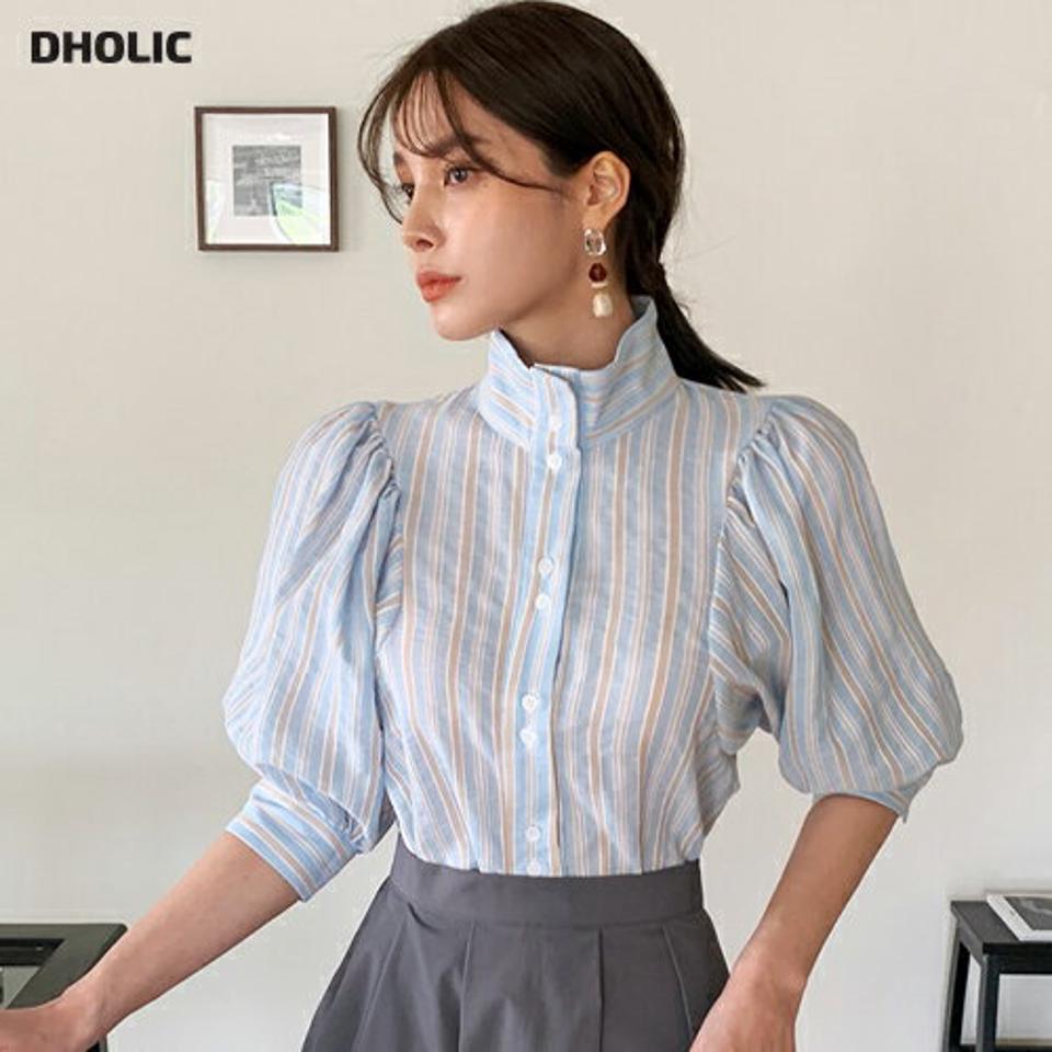 2TYPEハイネックパフスリーブブラウス・全3色・t00519 レディース 【bl】ブラウス トップス 七分丈 7分丈 7分袖 七分袖 単色 無地 柄 模様 ストライブ ハイネック パフ 春 夏 上品 フェミニン きれいめ 韓国ファッション ハイホリHIHOLLI