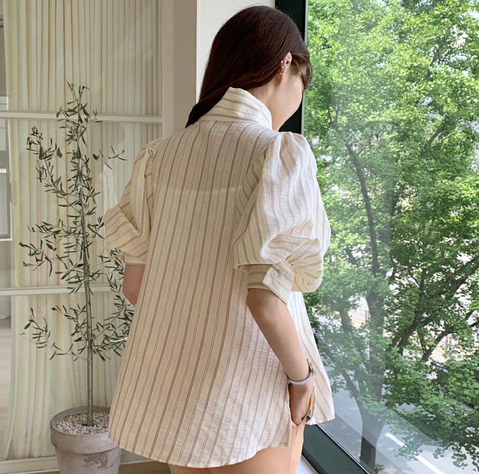 2TYPEハイネックパフスリーブブラウス・全3色・t00519 レディース 【bl】ブラウス トップス 七分丈 7分丈 7分袖 七分袖 単色 無地 柄 模様 ストライブ ハイネック パフ 春 夏 上品 フェミニン きれいめ 韓国ファッション ハイホリHIHOLLI