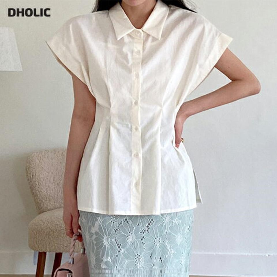 ウエストタックバンドスリーブシャツ・全2色・t00518 レディース 【bl】ブラウス トップス 半袖 シャツ 襟 ボタン 単色 無地 シンプル ベーシック タック バンドスリーブ 春 夏 フェミニン 大人っぽ 綿 韓国ファッション ハイホリHIHOLLI